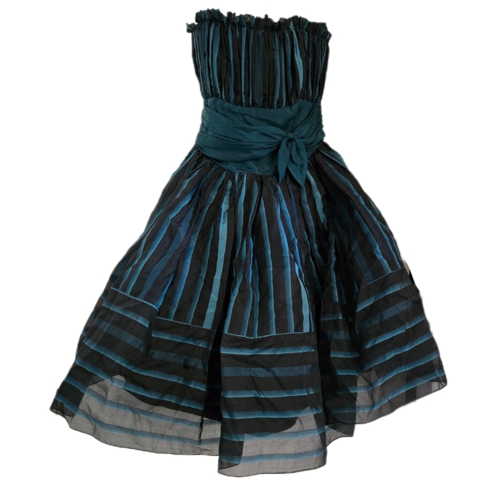Betsey Johnson 100% silk dress striped black teal 2000's sex & the city style